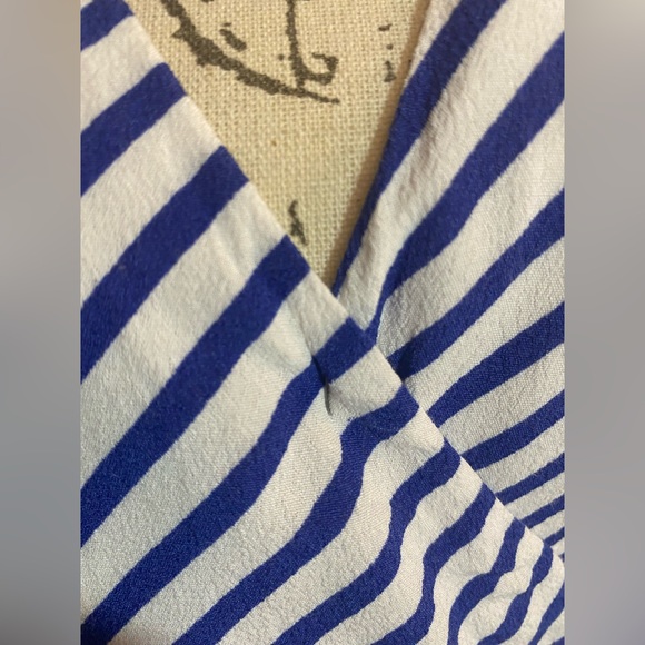 LOFT Blue and White Diagonal Striped Faux Wrap Midi Dress with Pockets - Picture 3 of 9